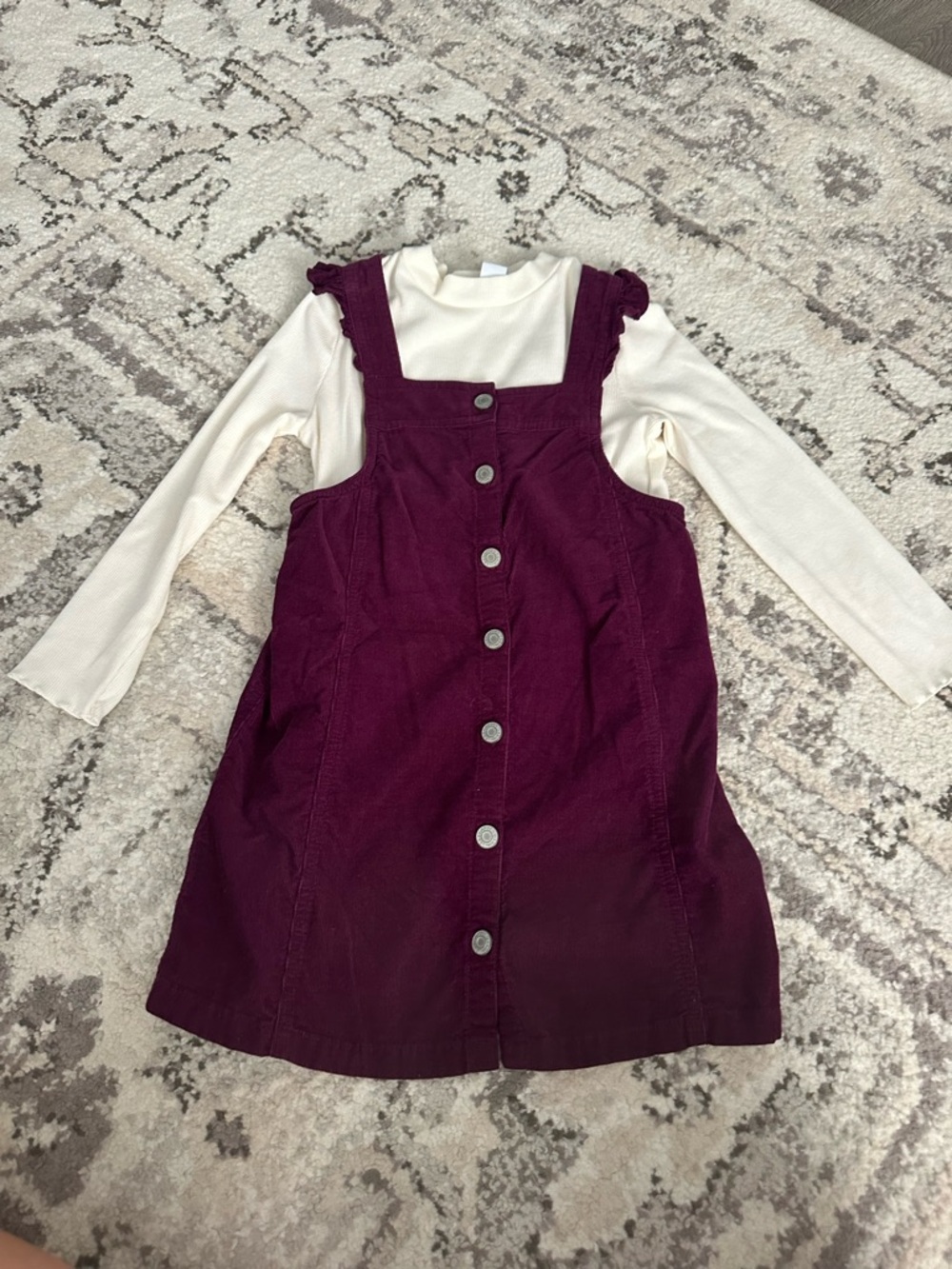 Old Navy Plum Corduroy Button-Front Pinafore Dress with Cream Top